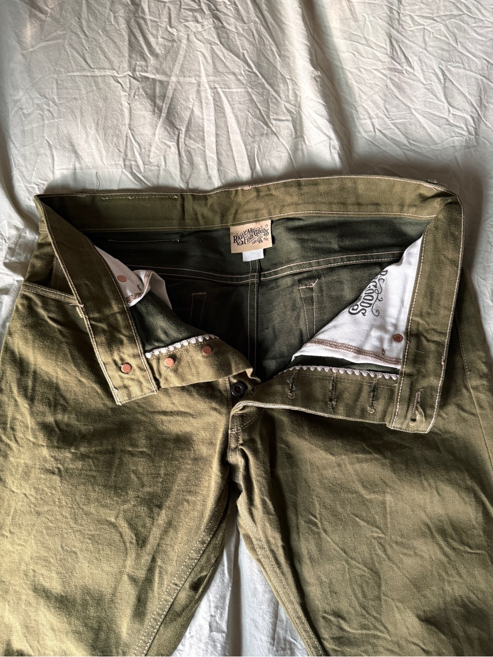 Railcar Fine Goods, Olive Selvedge jeans